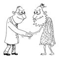 Business or Political Cartoon About Caveman and Businessman Handshake, Vector Illustration