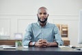 Business, portrait and black man at desk in office, startup or entrepreneur focus on planning, strategy and career