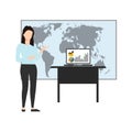 Business presentation. Businesswoman standing near the blackboard making a presentation. Indicates and explains the