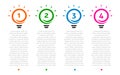 Business presentation, table with 4 lightbulbs timeline. Options number, ideas logo, steps icons. Vector Infographic