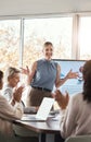 Business presentation, woman and applause at team building seminar for company growth. Working, market research data and Royalty Free Stock Photo