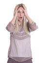 Business pressure: isolated frustrated pretty young woman is touching her head. Royalty Free Stock Photo