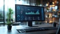 Business process automation computer monitor displaying analyticssoftware in custom datvisualization style, symbolizing efficiency Royalty Free Stock Photo