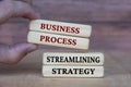 Business process and streamlining strategy text on wooden blocks. Business culture and Operational excellence concept