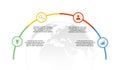 Business process vector infographic with colorful parts, icons and world map in the background