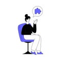 Business Process with Woman Character Sit on Chair with Jigsaw Puzzle in Thought Brainstorm Vector Illustration Royalty Free Stock Photo