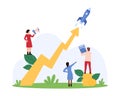 Business product development, value growth of startup, tiny people launch rocket Royalty Free Stock Photo