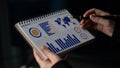 Business professional analyzing charts and graphs on a notebook, showcasing data visualization through dashboards for Royalty Free Stock Photo