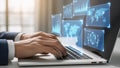 Business Professional Analyzing Data on Laptop with Futuristic Digital Dashboard and Global Analytics Royalty Free Stock Photo