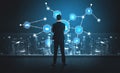 Business Professional Analyzing Digital Data Connections with City Skyline in Background, Futuristic Interface Royalty Free Stock Photo