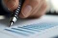 close up of a hand holding a pen pointing at a printed blue bar graph chart on a white paper sheet for analysis Royalty Free Stock Photo