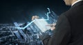 Business professional analyzing financial data trends using digital tablet with innovative data graphics in a modern Royalty Free Stock Photo