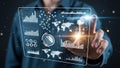 Business professional analyzing global data and financial trends on digital interface Royalty Free Stock Photo