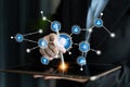 Business Professional Interacting with Digital Icons Representing Technology, Data and Networking on a Tablet Screen in Royalty Free Stock Photo