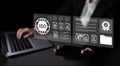 Professional business person interacting with modern digital interface showcasing ISO standards and document management Royalty Free Stock Photo