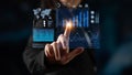 Business professional interacting with futuristic data visualization touchscreen displaying graphs, charts, and global Royalty Free Stock Photo