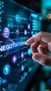 Business Professional Engaging in Advanced Negotiations with Interactive Digital Interface Showcasing Strategy Icons Royalty Free Stock Photo