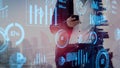 Business Professional Engaging with Smartphone Amidst Digital Data Visualization and Cityscape with Graphs and Analytics Royalty Free Stock Photo
