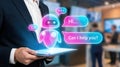 Business professional holding tablet displaying virtual assistant with chat bubbles, showcasing artificial intelligence Royalty Free Stock Photo