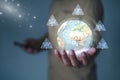 Business professional holds a digital globe with AI, cloud, and network icons, representing global connectivity, data analytics, Royalty Free Stock Photo