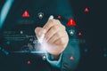 Business professional interacting with AI assistant interface, warning alerts and security icon, represent cybersecurity, data Royalty Free Stock Photo
