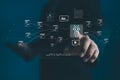 Business professional interacting with artificial intelligence dashboard,data analytics,digital charts security interface. Concept Royalty Free Stock Photo