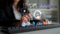 Business professional interacting with digital data visualization and analytics on futuristic interface while working on Royalty Free Stock Photo