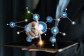 Business Professional Interacting with Futuristic AI Technology on Tablet Displaying Complex Network of Digital Icons Royalty Free Stock Photo