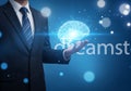 Business professional interacting with a futuristic brain interface in a digital environment Royalty Free Stock Photo