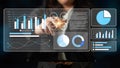 Business professional interacting with futuristic data visualization dashboard, analyzing graphs and charts for insights Royalty Free Stock Photo