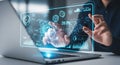 Business professional interacting with holographic data visualization on a laptop screen. Royalty Free Stock Photo