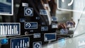 Business professional interacting with innovative technology and data analytics on a laptop, showcasing charts and Royalty Free Stock Photo