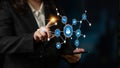 Business professional interacting with virtual connection network on digital tablet showcasing modern technology and Royalty Free Stock Photo