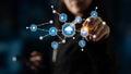 Business Professional Interacting with Virtual Technology Interface Featuring Cloud Computing, Data Connectivity, and Royalty Free Stock Photo
