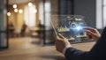 Business professional interacts with holographic ai data analytics dashboard on a transparent tablet in a modern office setting Royalty Free Stock Photo