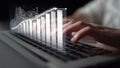 Business professional interpreting data with laptop, digital graphs showcasing performance metrics, hands typing on Royalty Free Stock Photo