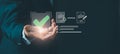Business professional presenting digital approval checkmark with document icons and checklist interface, representing quality Royalty Free Stock Photo