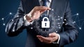 Business Professional Securing Digital Data Network with Lock Symbol and Network Connections, Data Security Concept.
