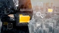 Business professional with technology interface and digital folder search concept on city background, emphasizing data Royalty Free Stock Photo