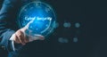 Business professional touching glowing holographic cyber security interface, representing data protection, network defense, Royalty Free Stock Photo