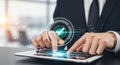 Business professional uses tablet with glowing digital interface and checkmark for approval and verification Royalty Free Stock Photo