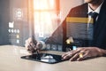 Business Professional Using Digital Tablet with Security Graphics and Artificial Intelligence Interface in Modern Office Royalty Free Stock Photo