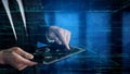 Business professional using digital tablet to interact with futuristic interface displaying data analysis, programming Royalty Free Stock Photo