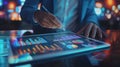 Business professional using a digital tablet with virtual interface icons and data analytics charts floating above the screen Royalty Free Stock Photo