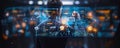 Business Professional Using a Futuristic Holographic Display for Data Analysis and Biometric Security Authentication