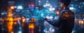 Business Professional Using a Futuristic Holographic Display for Data Analysis and Biometric Security Authentication