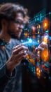 Business Professional Using a Futuristic Holographic Display for Data Analysis and Biometric Security Authentication