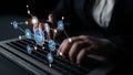 Business professional using laptop with futuristic network technology, digital data visualization, innovative Royalty Free Stock Photo