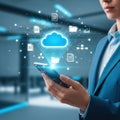 Business professional using smartphone accessing cloud data with digital interface overlay Royalty Free Stock Photo