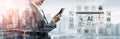 Business professional using smartphone with interface showing AI data analytics and technology icons against modern Royalty Free Stock Photo